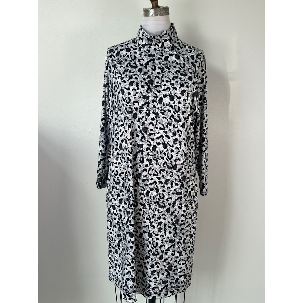 LULU B Shift Dress Large Blk/Wht EUC Leopard Mock Neck Snap Button Pockets